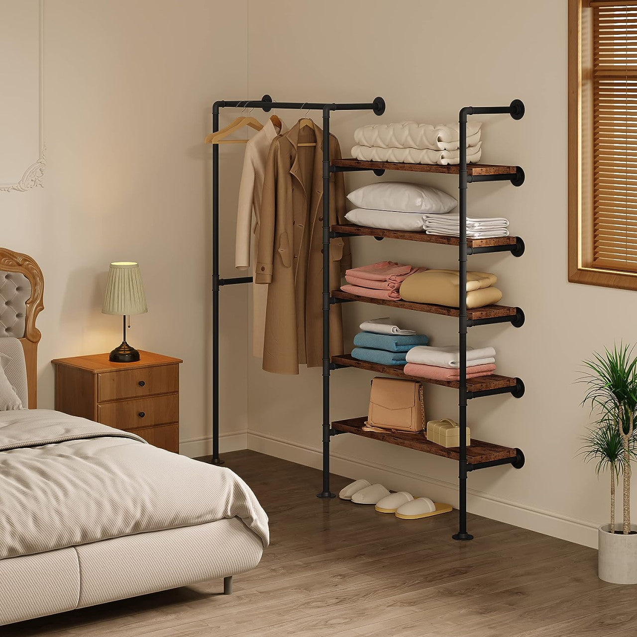 24goodz Corner Coat Rack with Shelves - Space-Saving Design - Scratch-Resistant - Metal and MDF - Black + Vintage Wood Grain - 35 x 187.5 x 184 cm