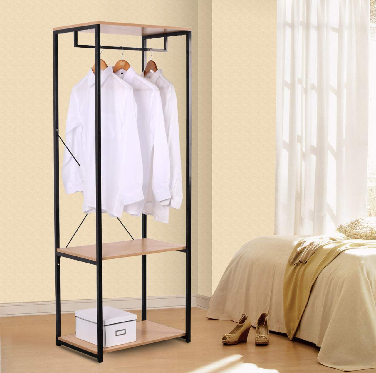 24goodz Coat Rack with Shoe Storage - Multifunctional Design - High-Quality MDF and Steel - For Home Use - Vintage Wood + Black - hei