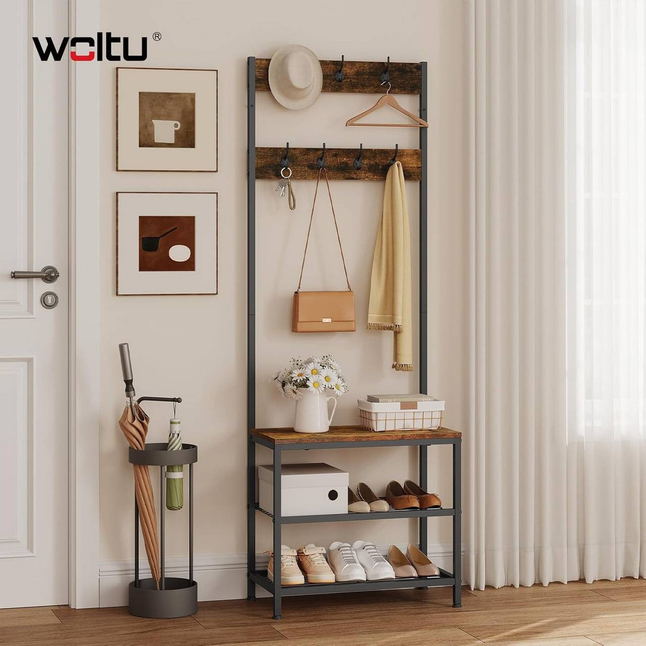 24goodz Multifunctional Coat Rack with Shoe Storage and Bench - 3-in-1 Design - Sturdy Metal Frame - Brown - Compact Size 60x170x31.5 cm