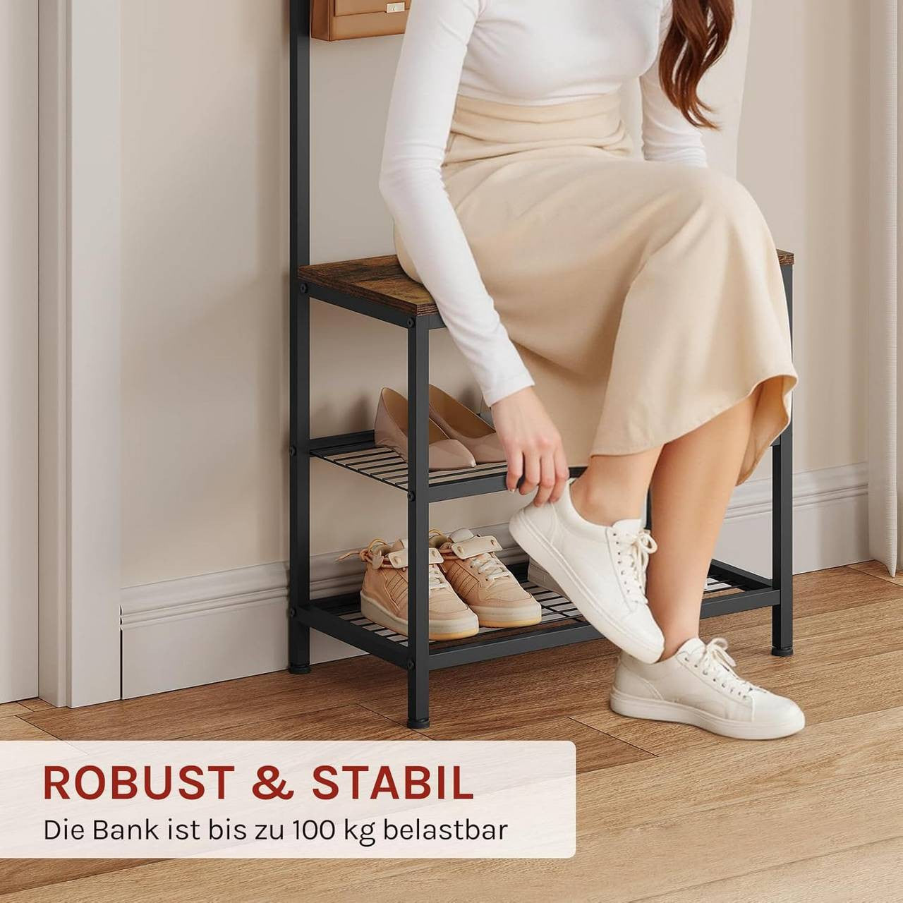 24goodz Multifunctional Coat Rack with Shoe Storage and Bench - 3-in-1 Design - Sturdy Metal Frame - Brown - Compact Size 60x170x31.5 cm