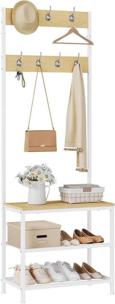 24goodz Coat Rack and Shoe Bench - 3-in-1 Design - Sturdy Metal Frame - MDF - For Home - Light Oak