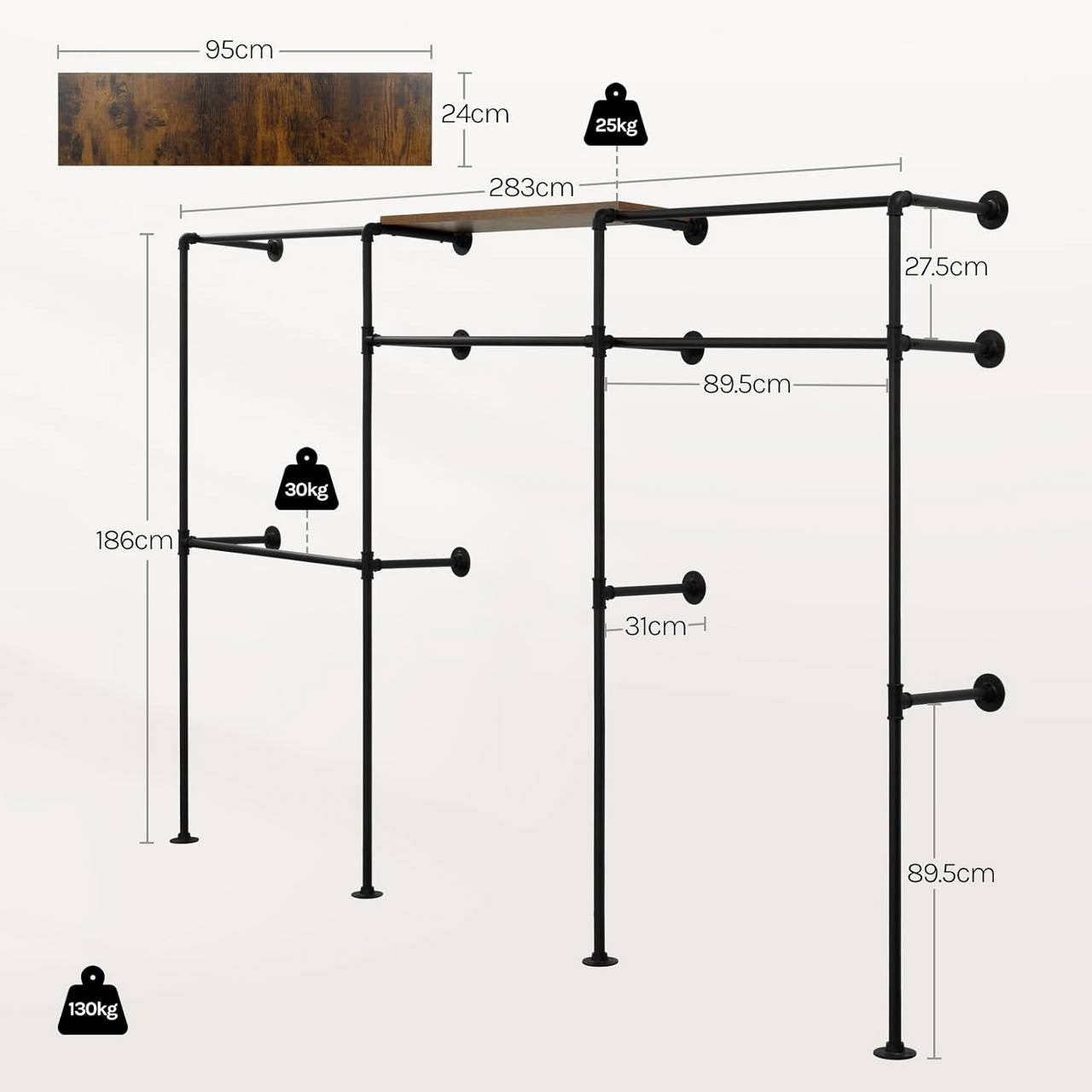 24goodz Wall-Mounted Coat Rack - Organized and Accessible - Robust Construction - Metal and Particle Board - Black + Vintage Brown - 283 x 186 x 33.5 cm