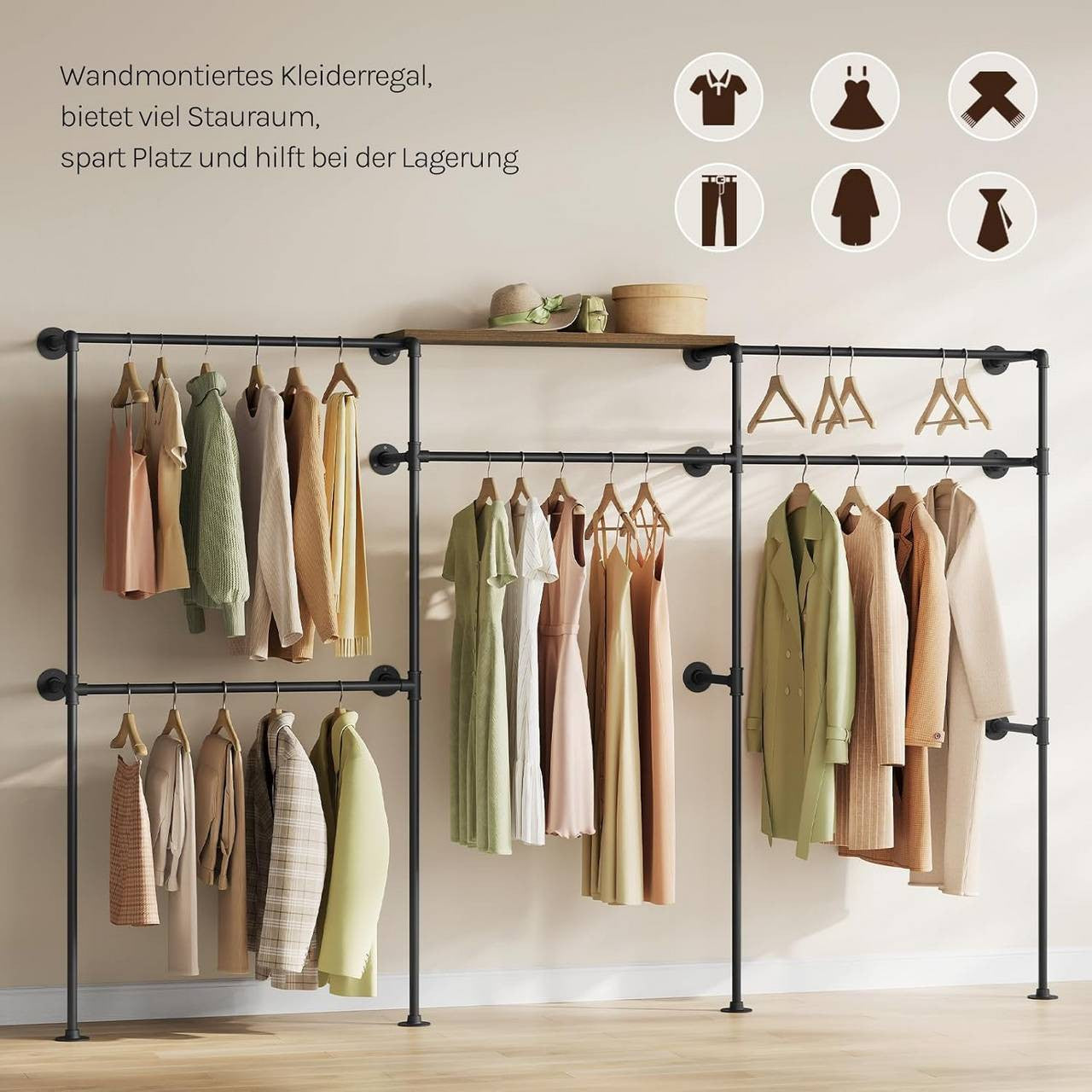 24goodz Wall-Mounted Coat Rack - Organized and Accessible - Robust Construction - Metal and Particle Board - Black + Vintage Brown - 283 x 186 x 33.5 cm