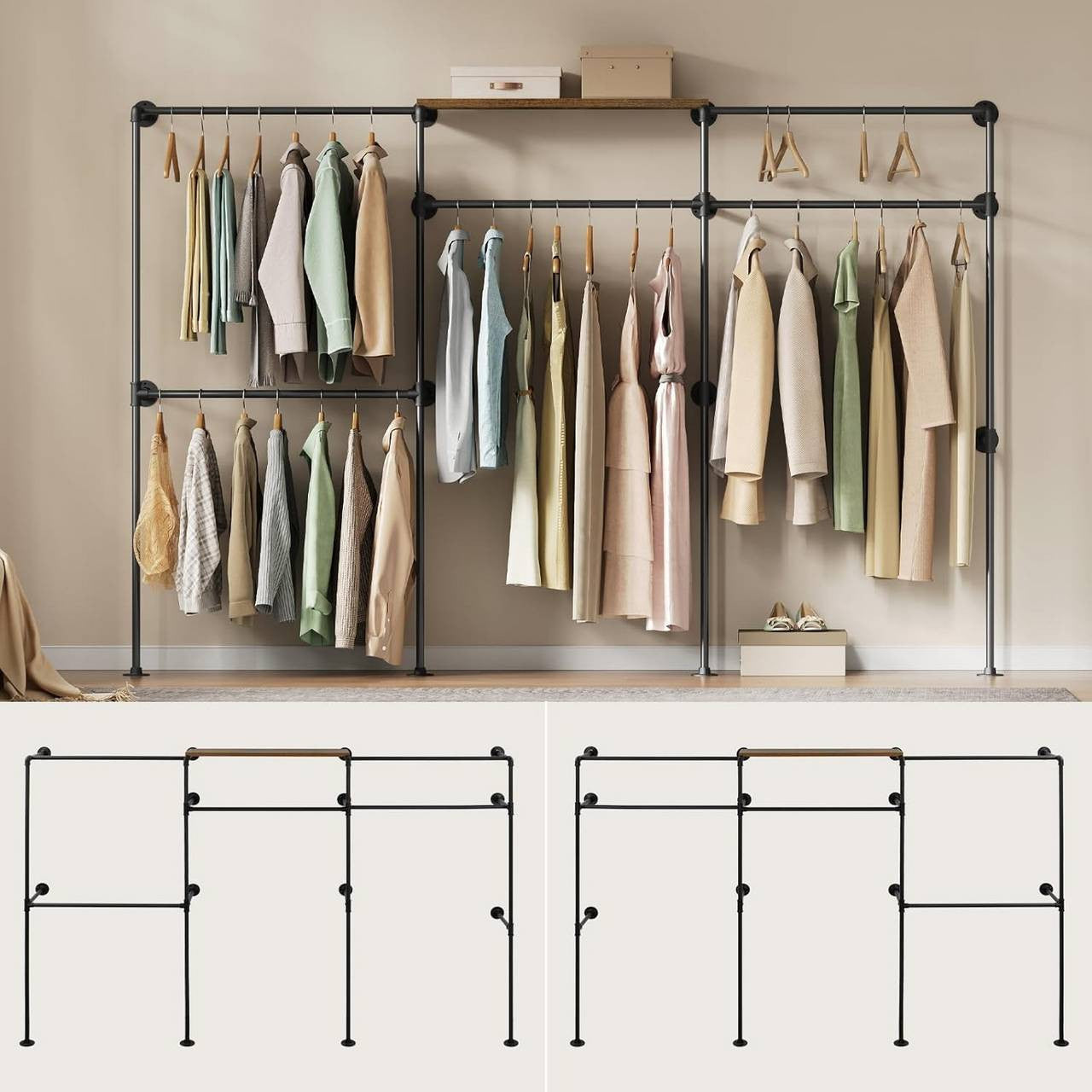 24goodz Wall-Mounted Coat Rack - Organized and Accessible - Robust Construction - Metal and Particle Board - Black + Vintage Brown - 283 x 186 x 33.5 cm