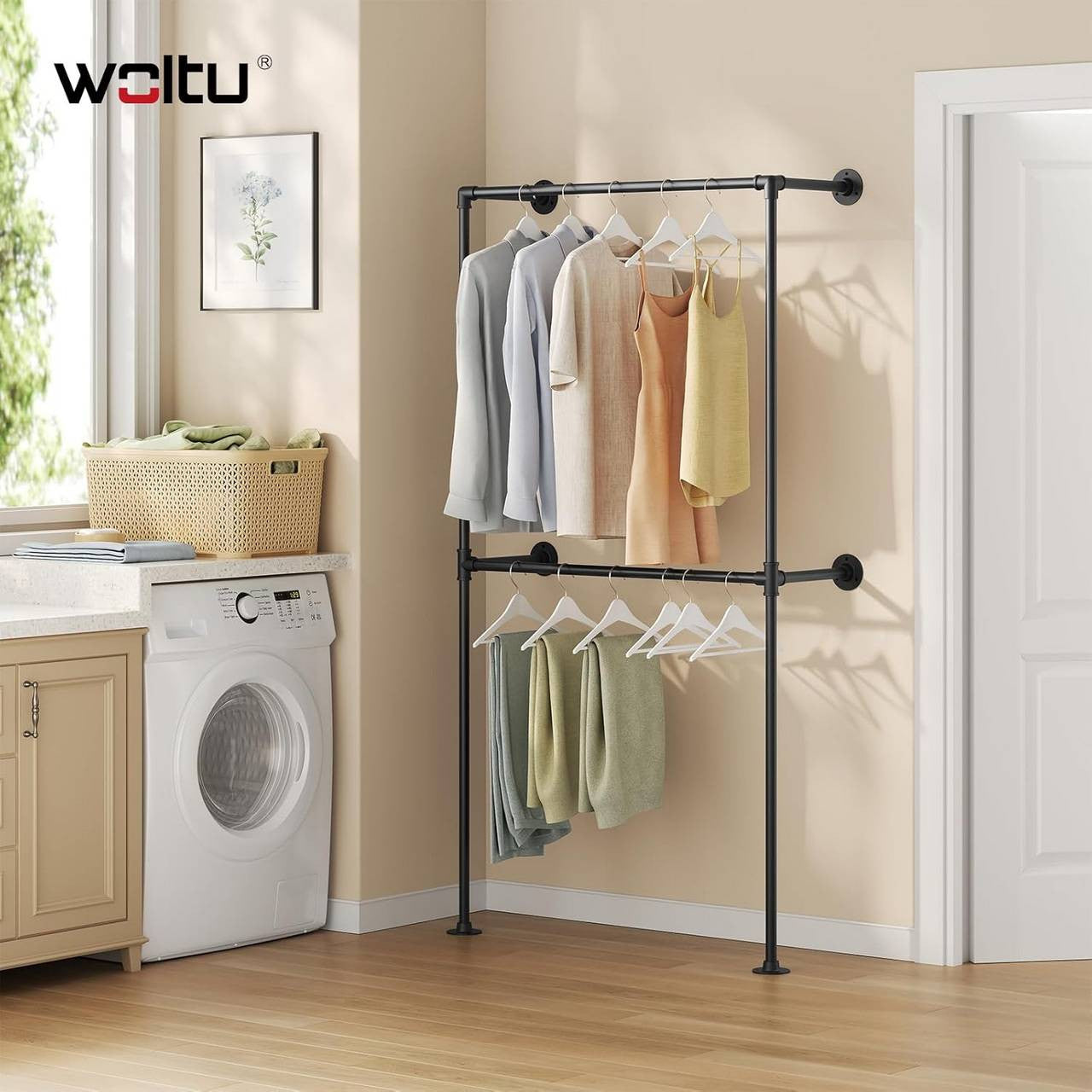 24goodz Wall-Mounted Clothing Rack - Robust and Durable - Space-Saving Design - Iron - Black - 102.5 x 187 x 36.5 cm
