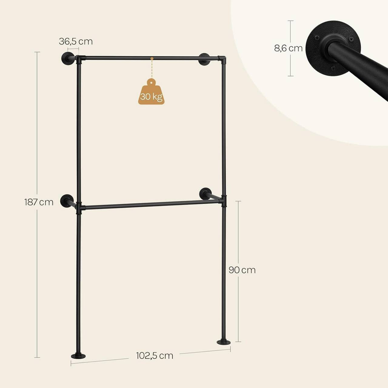 24goodz Wall-Mounted Clothing Rack - Robust and Durable - Space-Saving Design - Iron - Black - 102.5 x 187 x 36.5 cm
