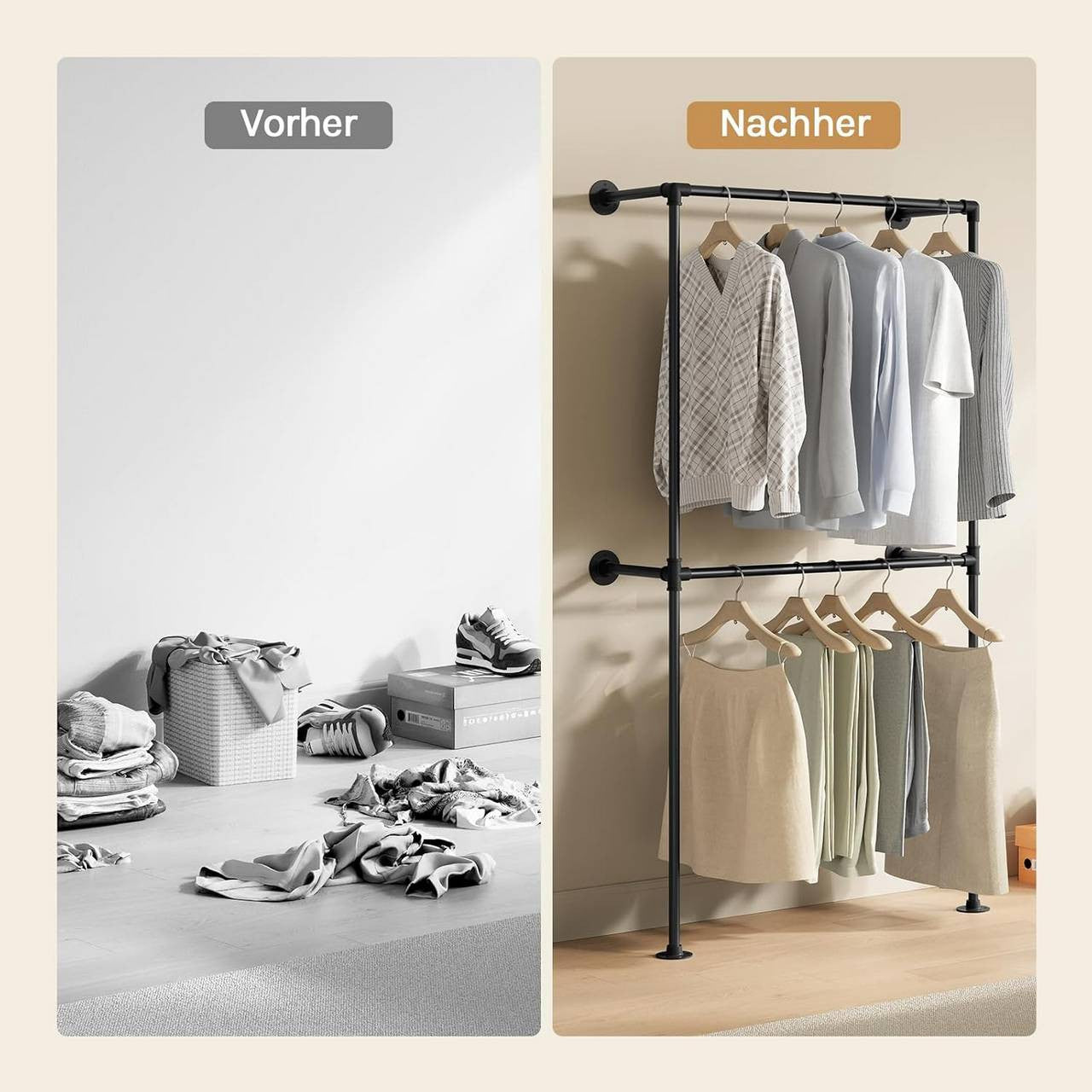 24goodz Wall-Mounted Clothing Rack - Robust and Durable - Space-Saving Design - Iron - Black - 102.5 x 187 x 36.5 cm