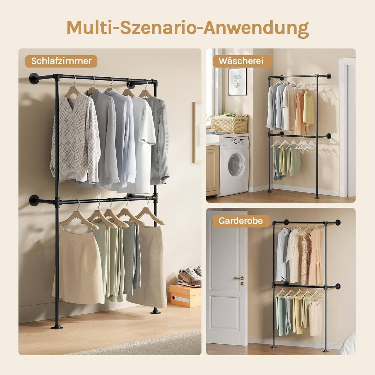 24goodz Wall-Mounted Clothing Rack - Robust and Durable - Space-Saving Design - Iron - Black - 102.5 x 187 x 36.5 cm