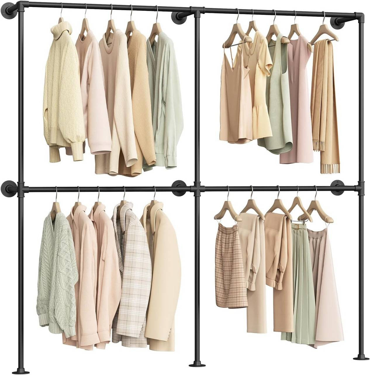 24goodz Wall-Mounted Clothing Rack - Space-Saving Design - Durable Iron - For Home and Office - Black - 193 x 187 x 36.5 cm
