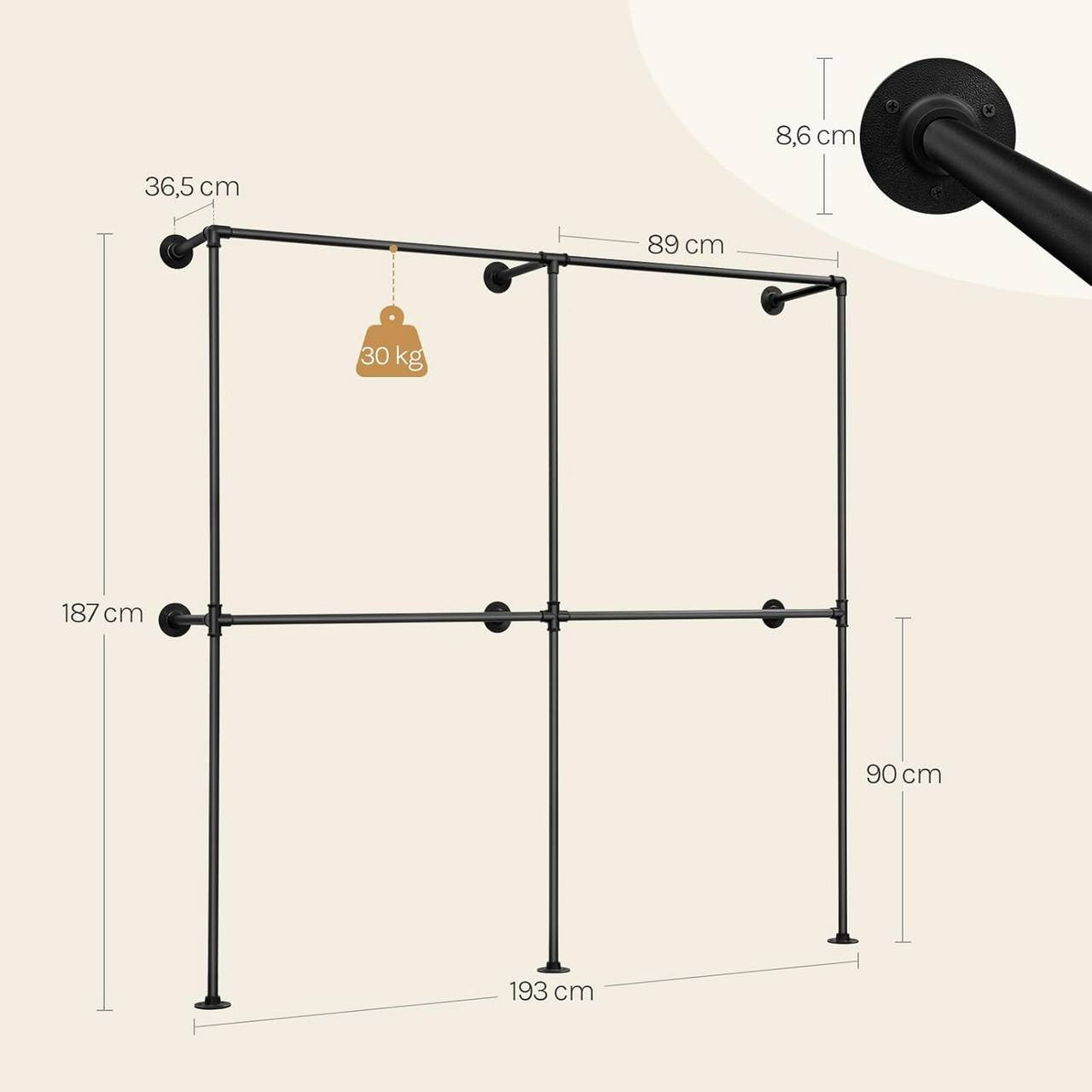 24goodz Wall-Mounted Clothing Rack - Space-Saving Design - Durable Iron - For Home and Office - Black - 193 x 187 x 36.5 cm