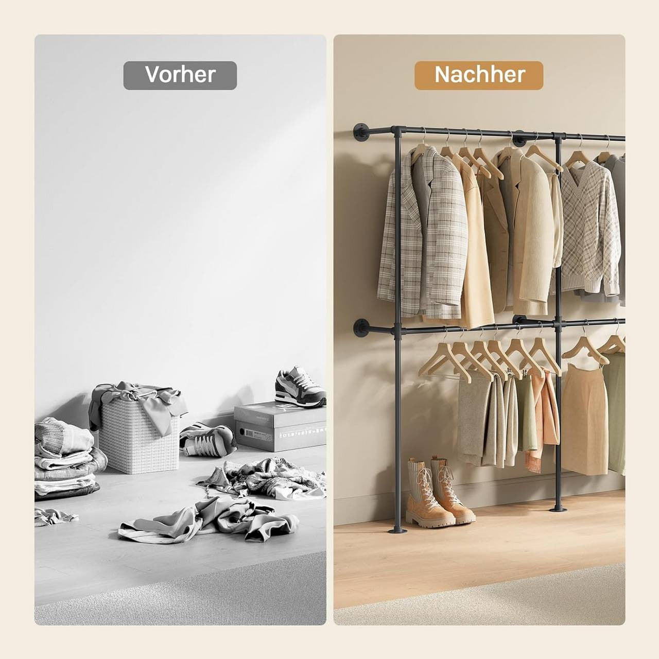 24goodz Wall-Mounted Clothing Rack - Space-Saving Design - Durable Iron - For Home and Office - Black - 193 x 187 x 36.5 cm