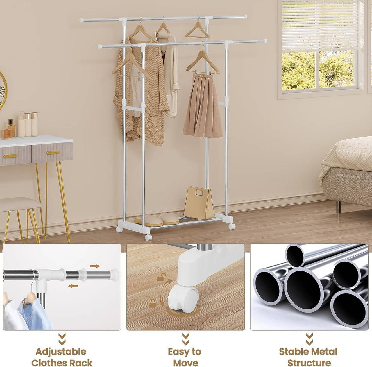 24goodz Adjustable Clothing Rack with Wheels - Flexible Height and Width - Stainless Steel - For Home and Retail - Silver White