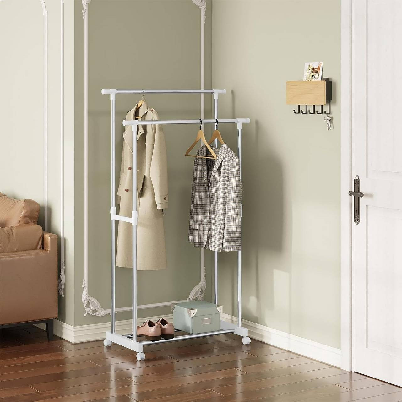 24goodz Adjustable Clothing Rack with Wheels - Flexible Height and Width - Stainless Steel - For Home and Retail - Silver White