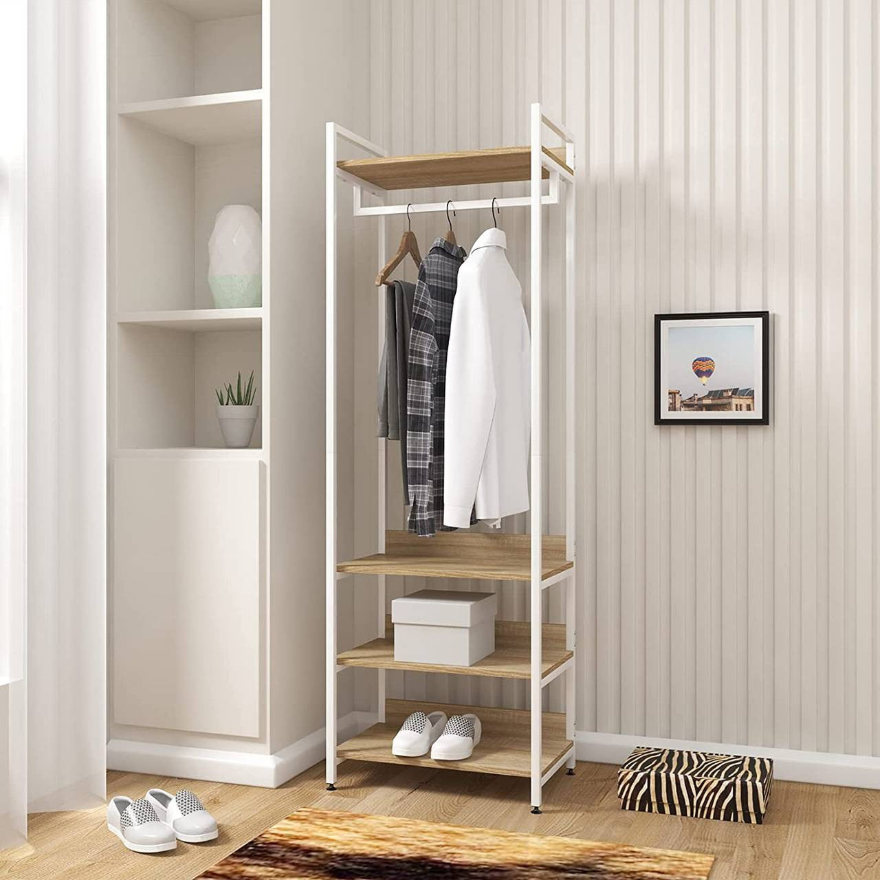 24goodz Clothes Rack with Three Shelves - Space-Saving Design - Sturdy and Stylish - Chipboard and Steel - Light Oak + Black - whe