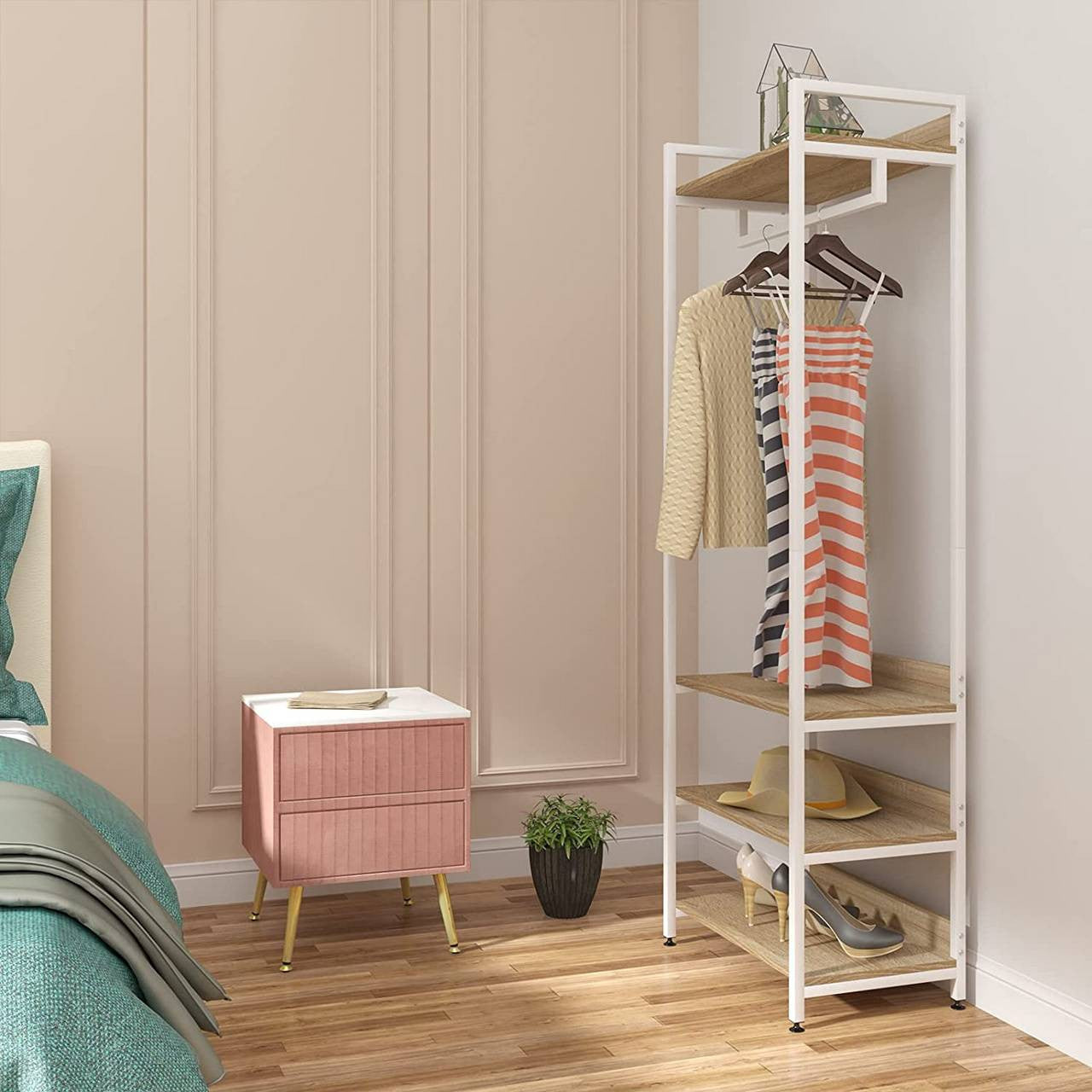24goodz Clothes Rack with Three Shelves - Space-Saving Design - Sturdy and Stylish - Chipboard and Steel - Light Oak + Black - whe