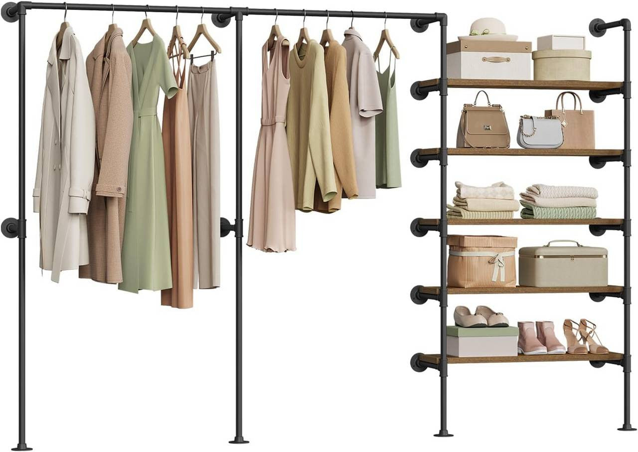 24goodz Wall-Mounted Clothing Rack with 5 Shelves - Organized & Space-Saving - Metal and Particle Board - For Home Use - Black + Vintage Brown