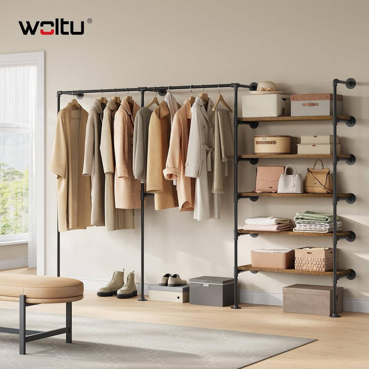 24goodz Wall-Mounted Clothing Rack with 5 Shelves - Organized & Space-Saving - Metal and Particle Board - For Home Use - Black + Vintage Brown