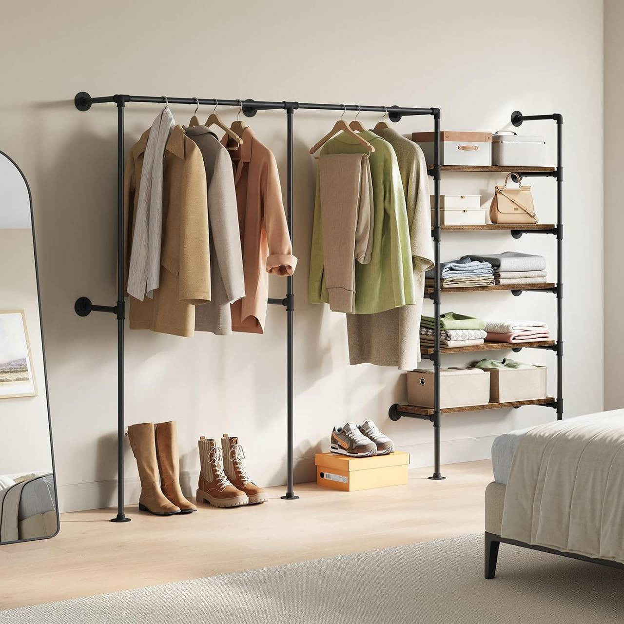 24goodz Wall-Mounted Clothing Rack with 5 Shelves - Organized & Space-Saving - Metal and Particle Board - For Home Use - Black + Vintage Brown