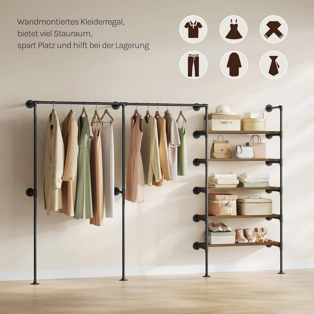 24goodz Wall-Mounted Clothing Rack with 5 Shelves - Organized & Space-Saving - Metal and Particle Board - For Home Use - Black + Vintage Brown