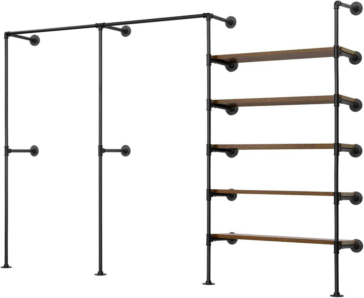 24goodz Wall-Mounted Clothing Rack with 5 Shelves - Organized & Space-Saving - Metal and Particle Board - For Home Use - Black + Vintage Brown
