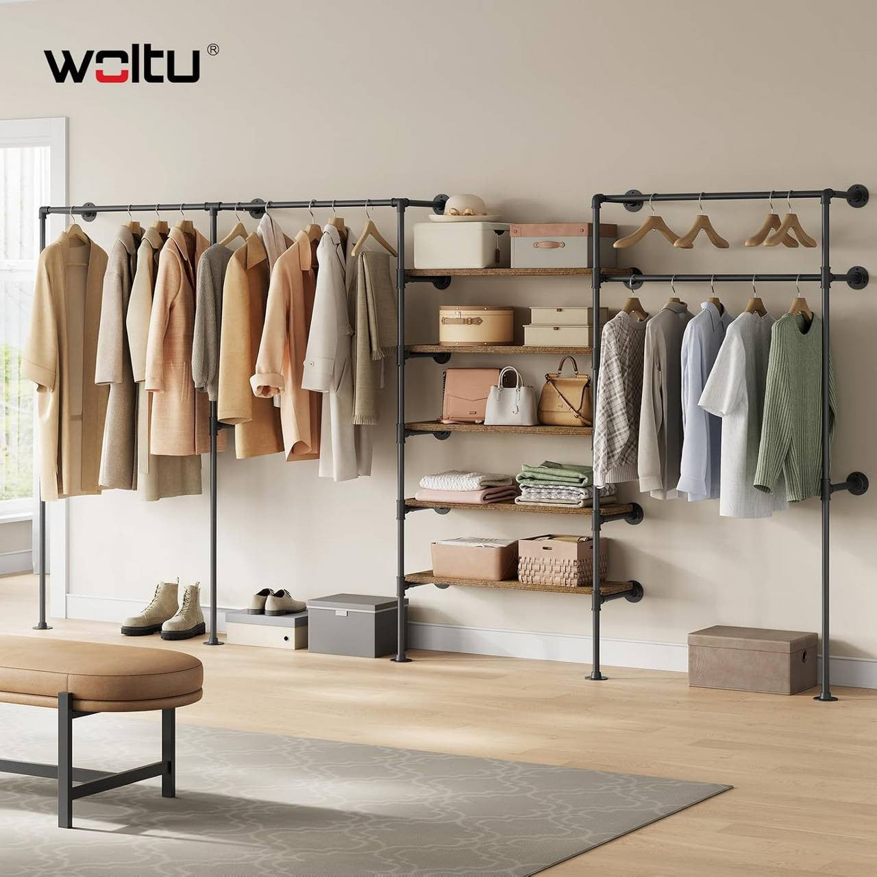 24goodz Wall-Mounted Clothing Rack - Organized & Open Hanging - Metal and Particle Board - For All Rooms - Black + Vintage Brown