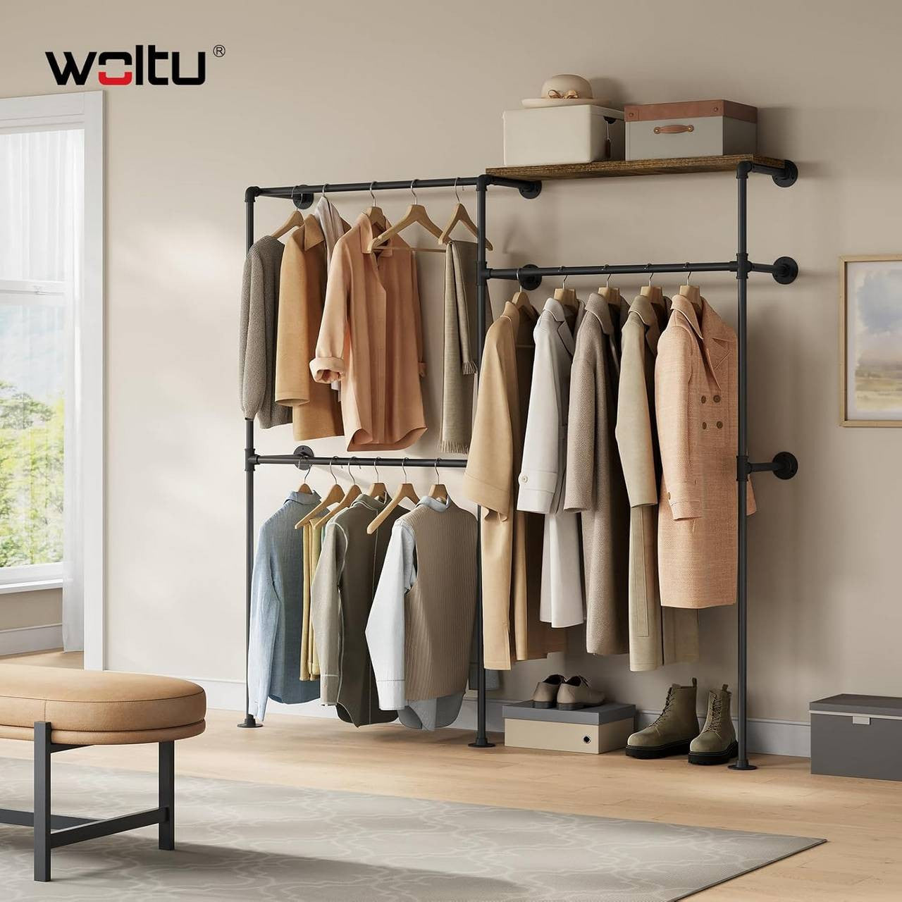 24goodz Wall-Mounted Clothing Rack with 1 Shelf and 3 Rods - Space-Saving Design - Robust Metal and Particleboard - For Home Organization - Black + Vintage Brown