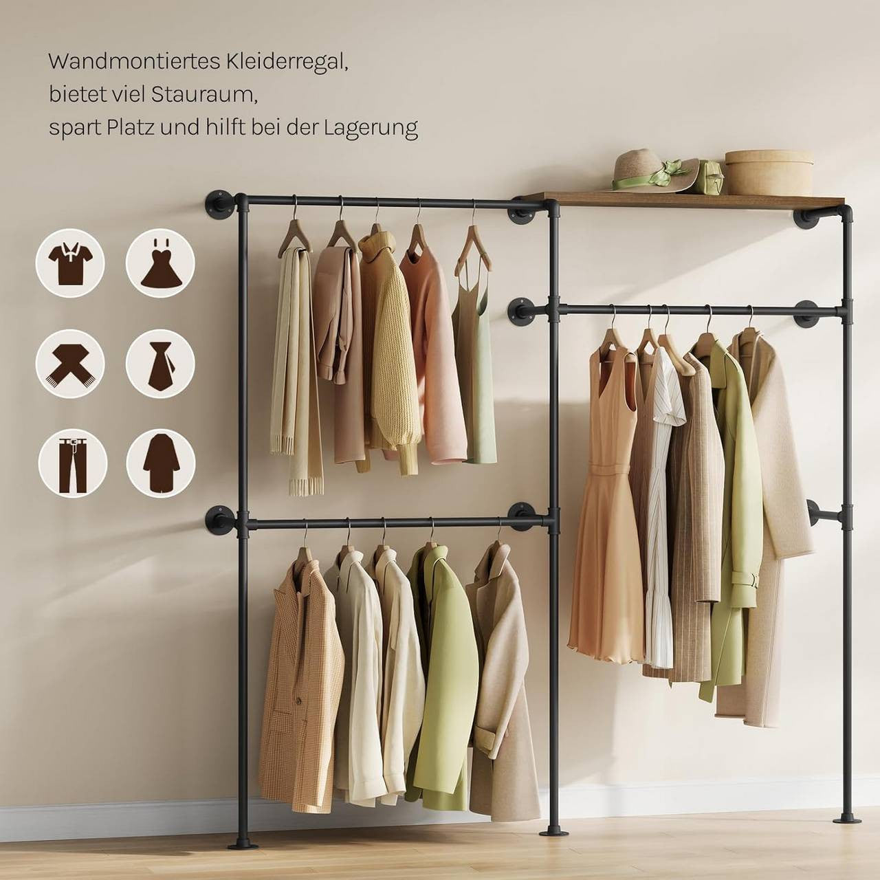 24goodz Wall-Mounted Clothing Rack with 1 Shelf and 3 Rods - Space-Saving Design - Robust Metal and Particleboard - For Home Organization - Black + Vintage Brown
