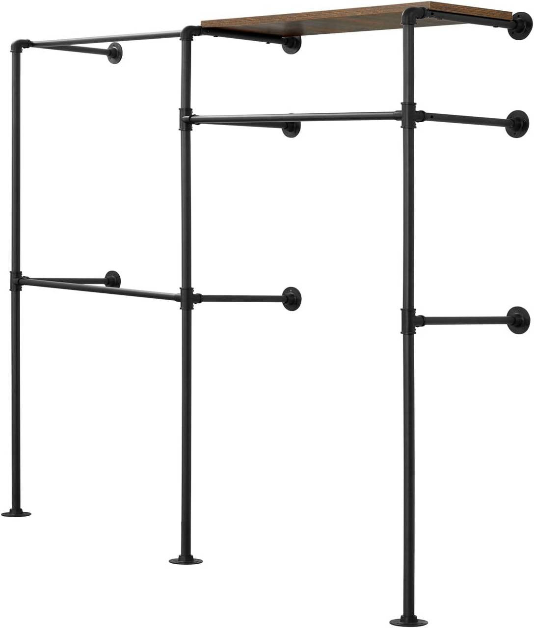 24goodz Wall-Mounted Clothing Rack with 1 Shelf and 3 Rods - Space-Saving Design - Robust Metal and Particleboard - For Home Organization - Black + Vintage Brown