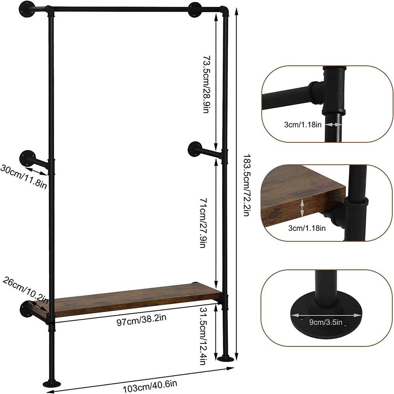 24goodz Industrial Style Clothes Rail - Vintage Industrial Design - Durable Metal and MDF - For Home Organization - Black + Vintage Wood Grain - shei