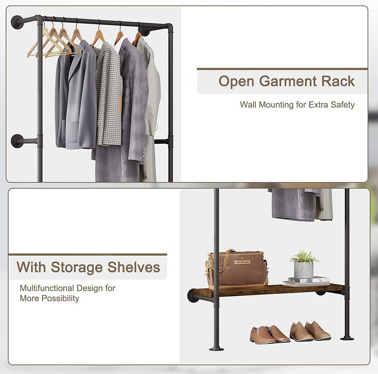24goodz Industrial Style Clothes Rail - Vintage Industrial Design - Durable Metal and MDF - For Home Organization - Black + Vintage Wood Grain - shei