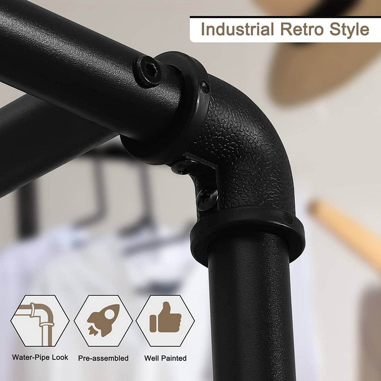 24goodz Industrial Style Clothes Rail - Vintage Industrial Design - Durable Metal and MDF - For Home Organization - Black + Vintage Wood Grain - shei