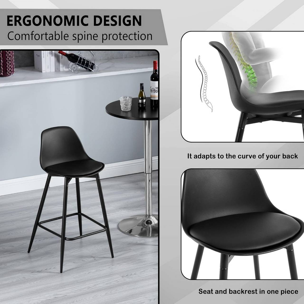 24goodz Stylish Bar Stool - Enhanced Comfort - Improved Stability - PP and Metal - Black - 43 x 86.5 x 42 cm