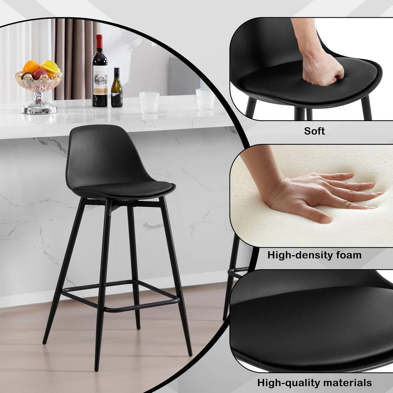 24goodz High Bar Stool - Enhanced Comfort - Improved Stability - PP and Metal - Black - 43 x 86.5 x 42 cm
