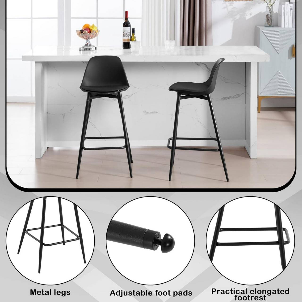 24goodz Stylish Bar Stool - Enhanced Comfort - Improved Stability - PP and Metal - Black - 43 x 86.5 x 42 cm