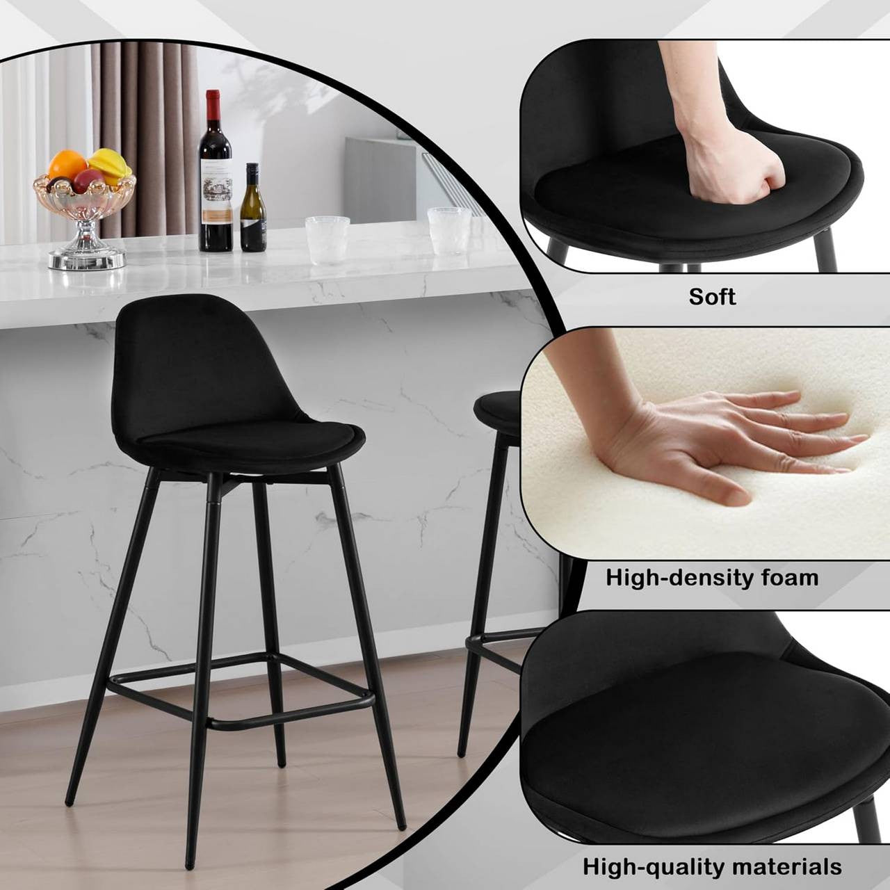 24goodz Velvet Bar Stool - Enhanced Comfort - Stylish Design - Velvet & Metal - For Home & Kitchen - Black