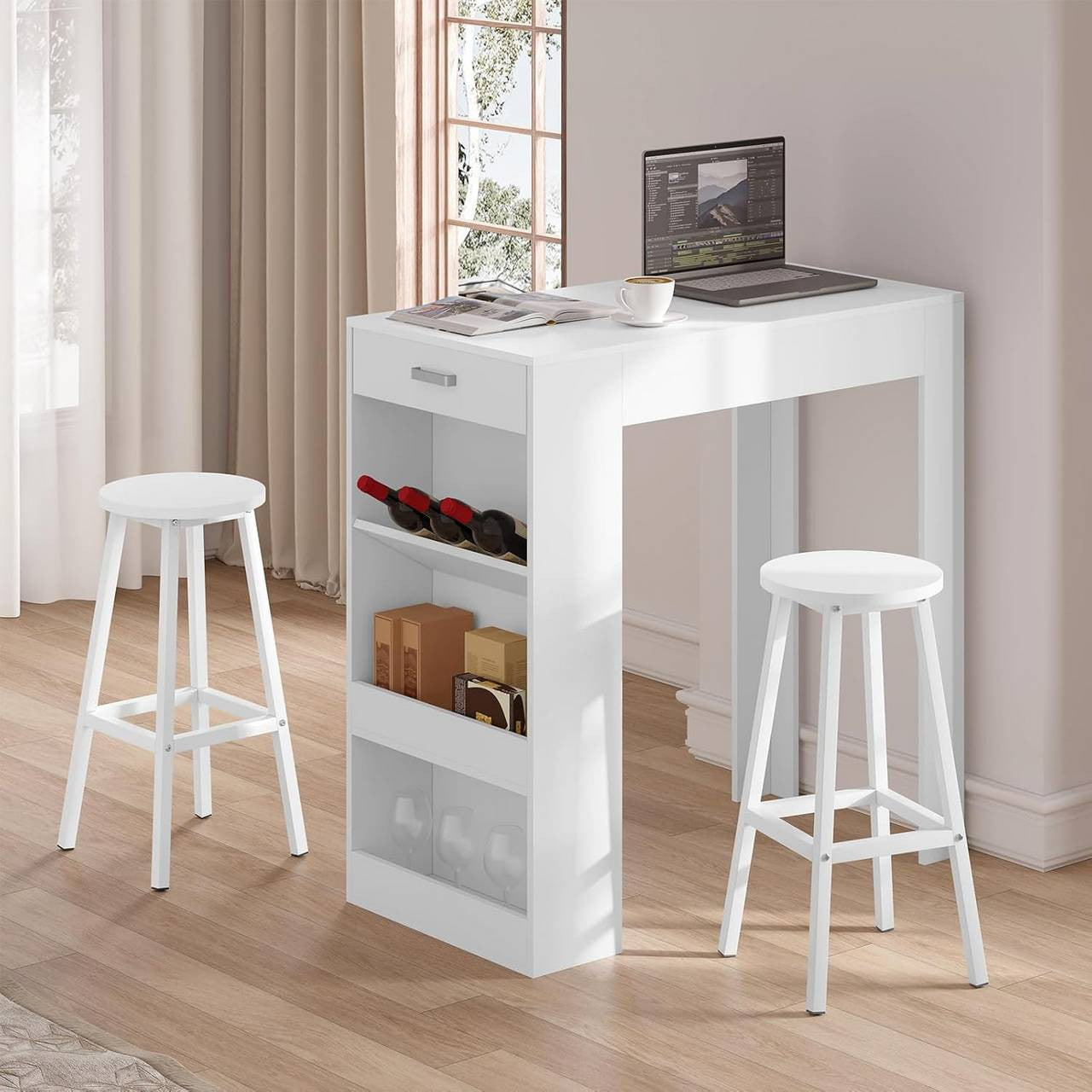 24goodz Round Bar Stool with Metal Frame - Sturdy and Stylish - E1 Wood and Metal - For Home and Dining - White