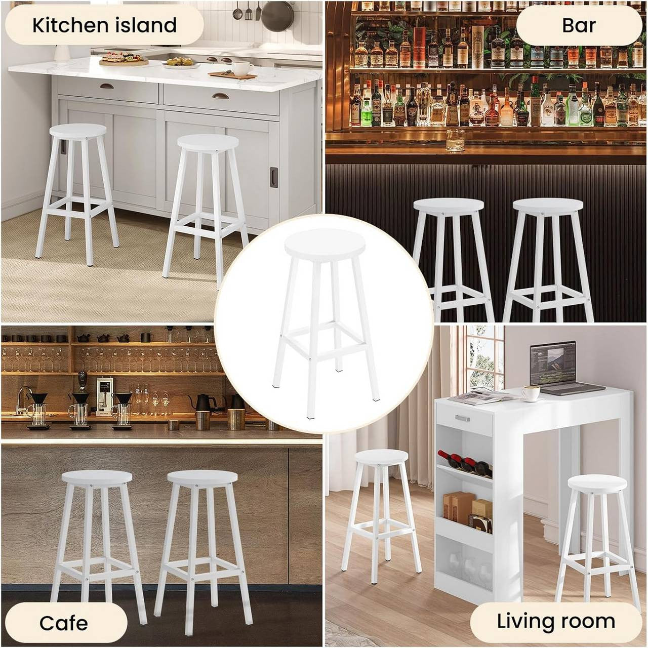 24goodz Round Bar Stool with Metal Frame - Sturdy and Stylish - E1 Wood and Metal - For Home and Dining - White