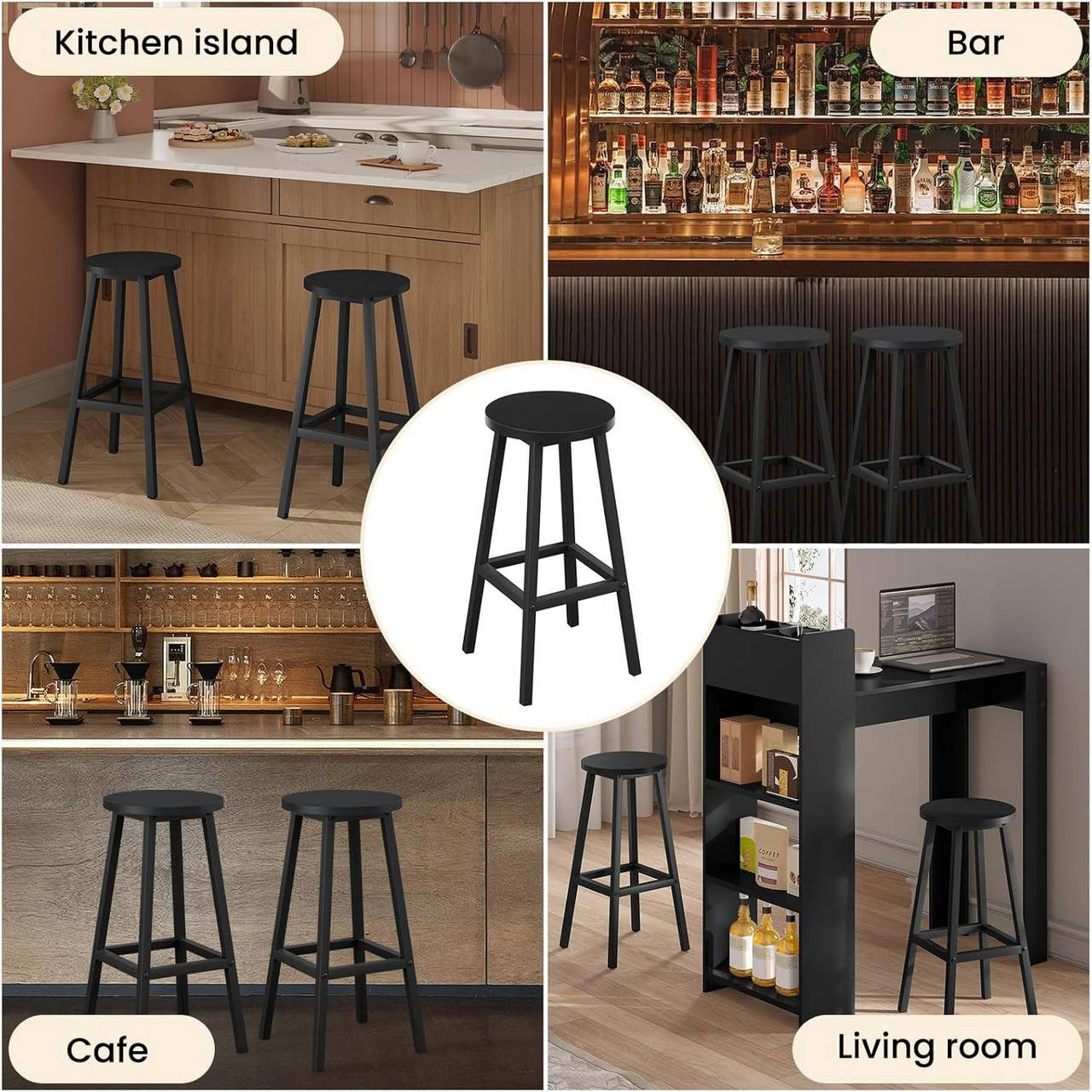 24goodz Round Bar Stool with Metal Frame - Durable and Stylish - E1 Wood and Metal - For Home and Dining - Black