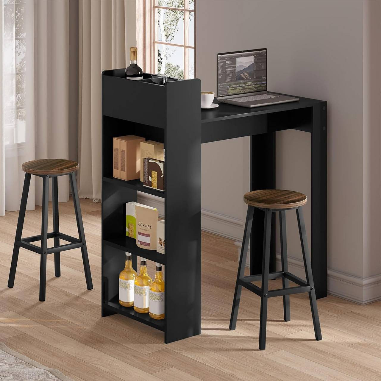 24goodz Round Bar Stool with Metal Frame - Sturdy and Stylish - E1 Wood and Metal - For Home and Kitchen - Dark Oak