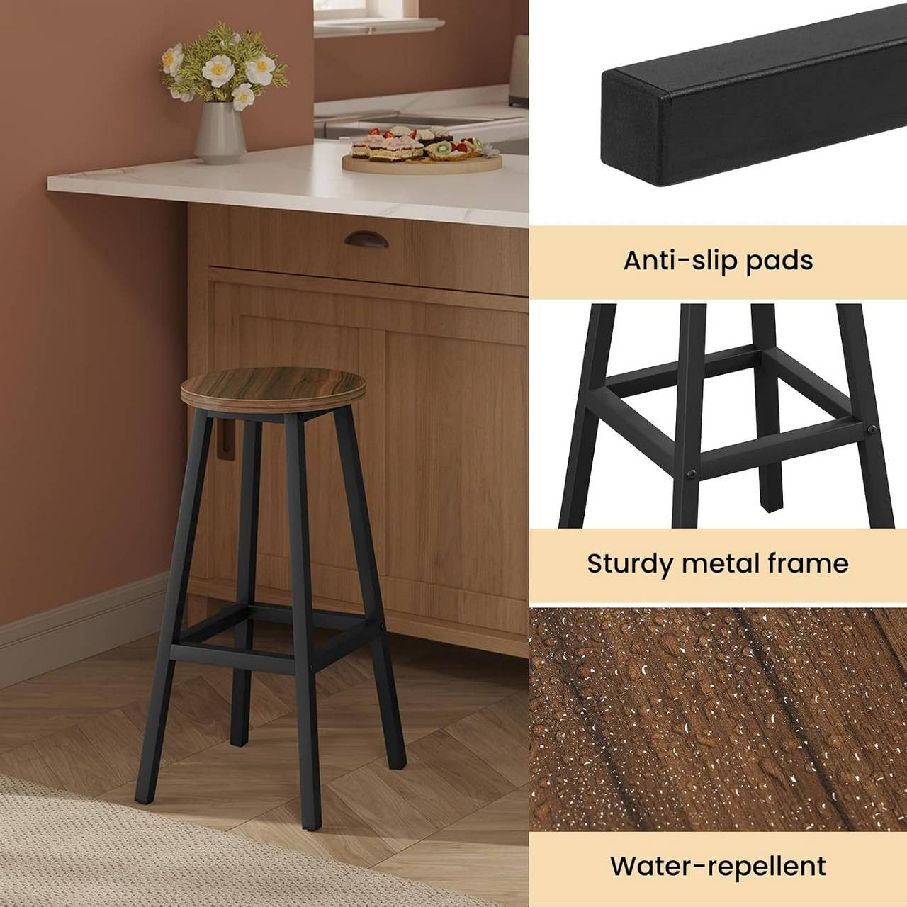 24goodz Round Bar Stool with Metal Frame - Sturdy and Stylish - E1 Wood and Metal - For Home and Kitchen - Dark Oak