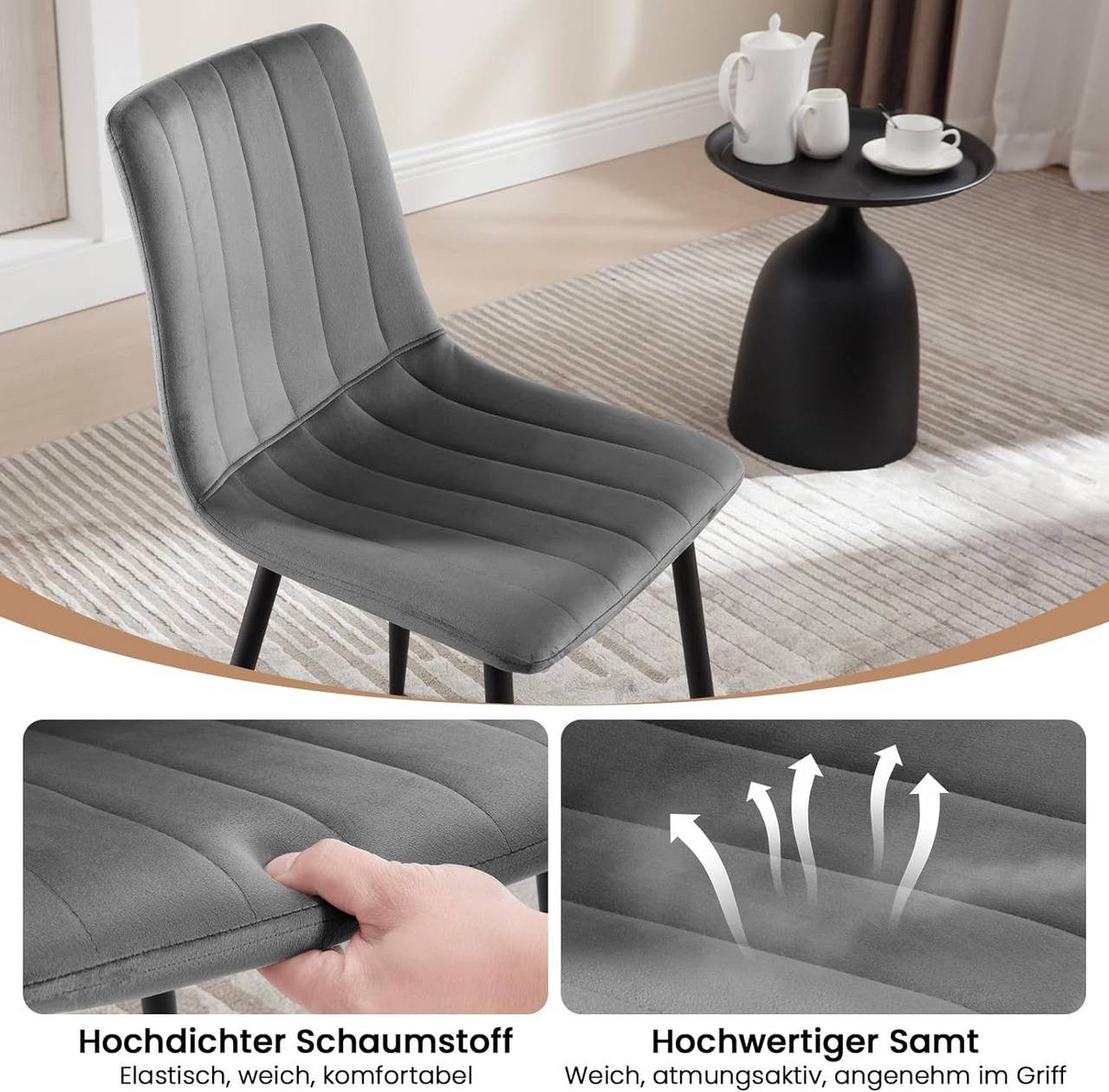 24goodz Velvet Dining Chairs Set of 4 - Comfortable & Robust - Ergonomic Design - Velvet & Metal - Dark Grey