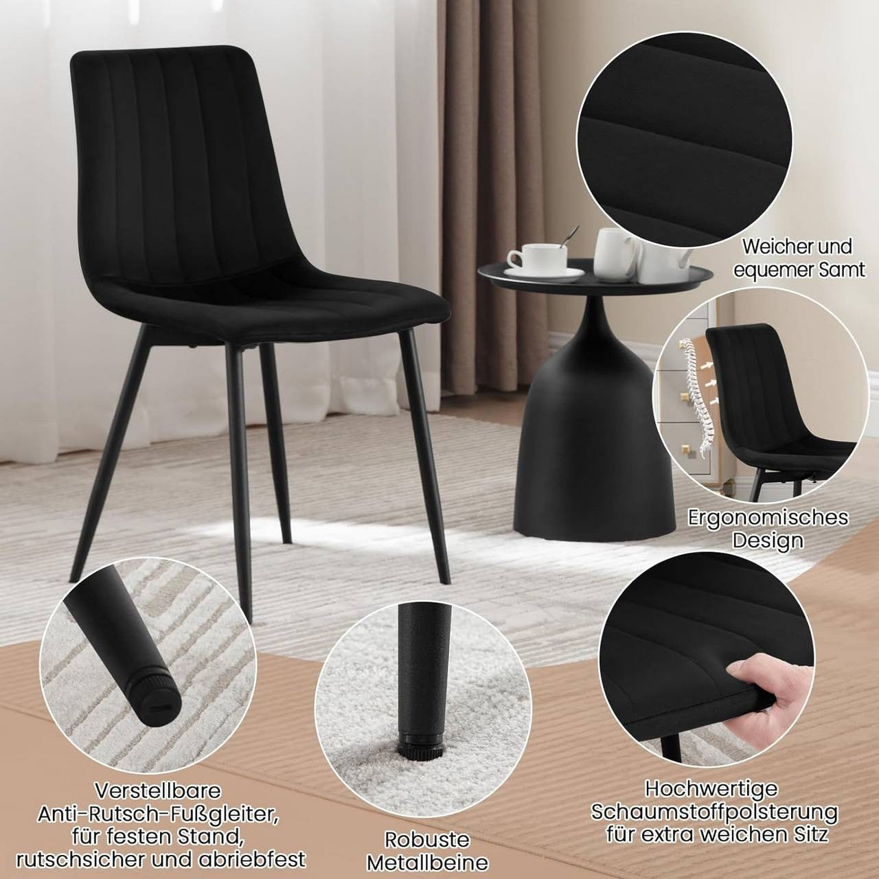 24goodz Velvet Dining Chairs Set of 4 - Comfortable & Robust - Ergonomic Design - Velvet & Metal - Dark Grey - 44 x 80.5 x 50.5 cm