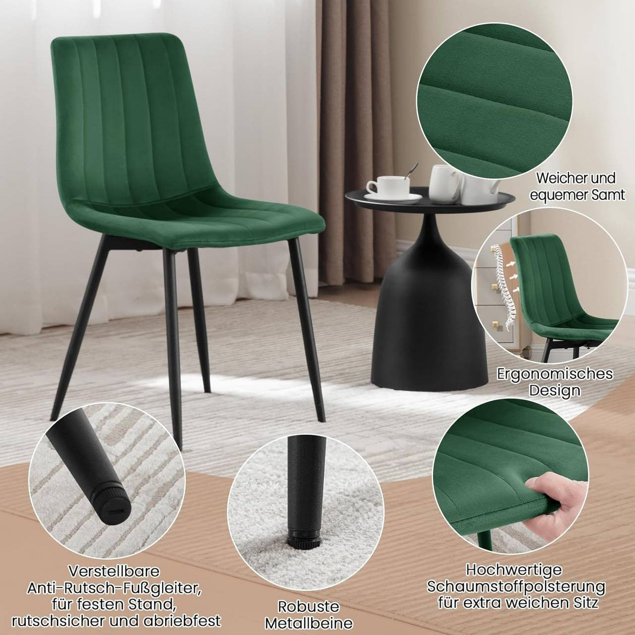 24goodz Velvet Dining Chairs Set of 4 - Comfortable & Robust - Ergonomic Design - Velvet + Metal - Dark Green