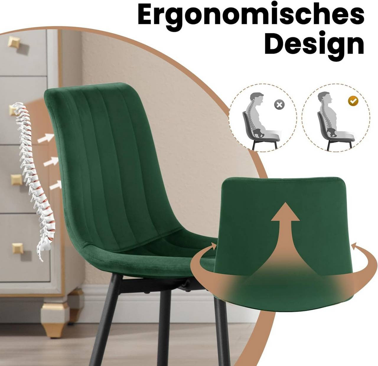 24goodz Velvet Dining Chairs Set of 4 - Comfortable & Robust - Ergonomic Design - Velvet + Metal - Dark Green