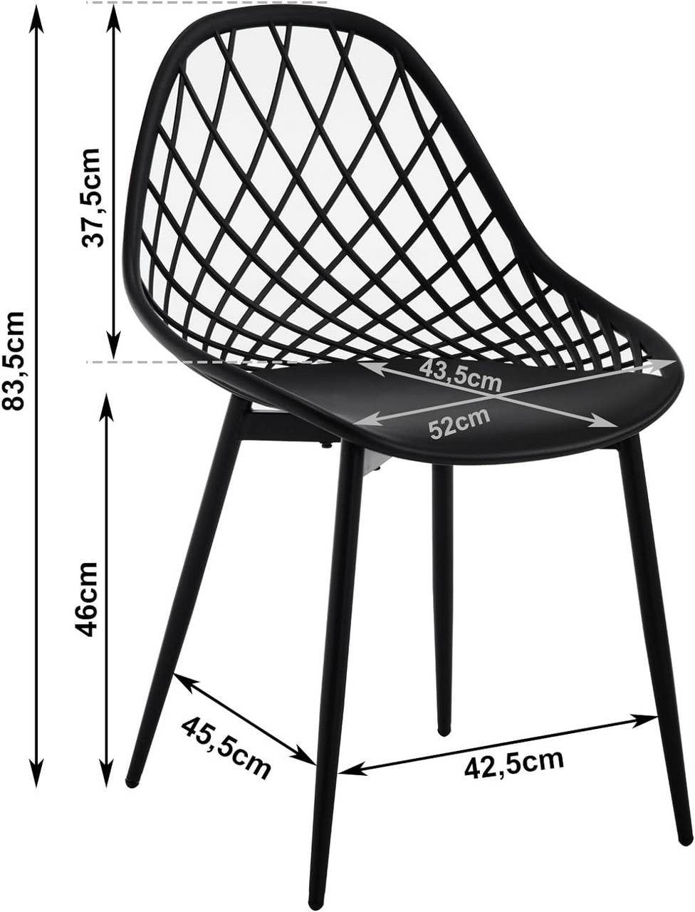 24goodz Set of 4 Dining Chairs - Sturdy & Stable Design - Ergonomic Hollow Backrest - PP + Metal - Black