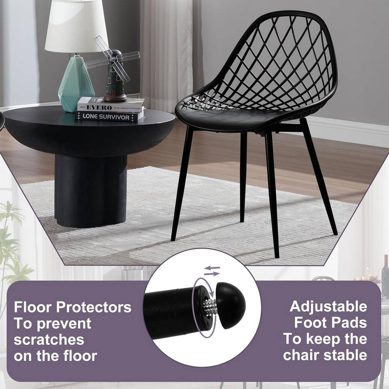 24goodz Set of 4 Dining Chairs - Sturdy & Stable Design - Ergonomic Hollow Backrest - PP + Metal - Black