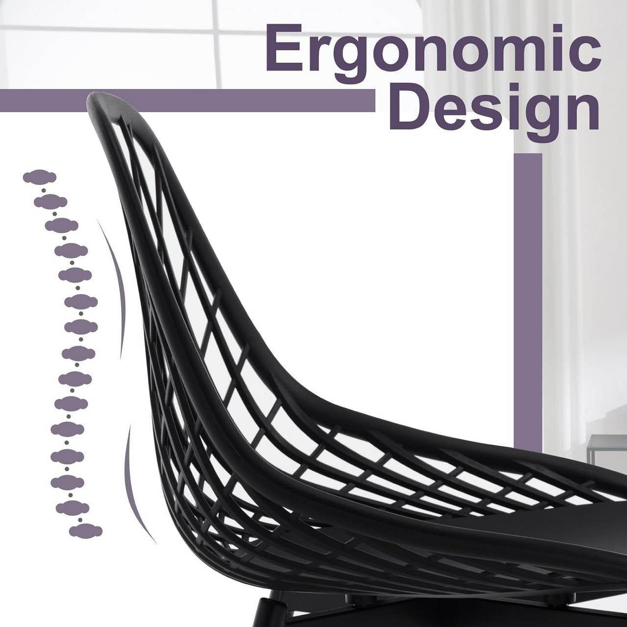 24goodz Set of 4 Dining Chairs - Sturdy & Stable Design - Ergonomic Hollow Backrest - PP + Metal - Black