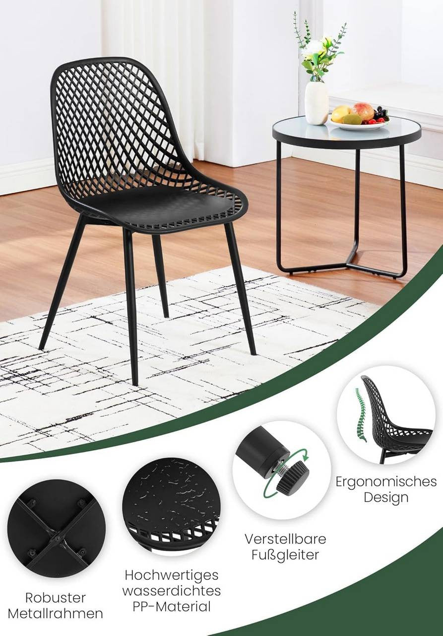 24goodz Ergonomic Dining Chairs Set of 4 - Easy to Clean - Sturdy Metal Frame - PP and Metal - Black