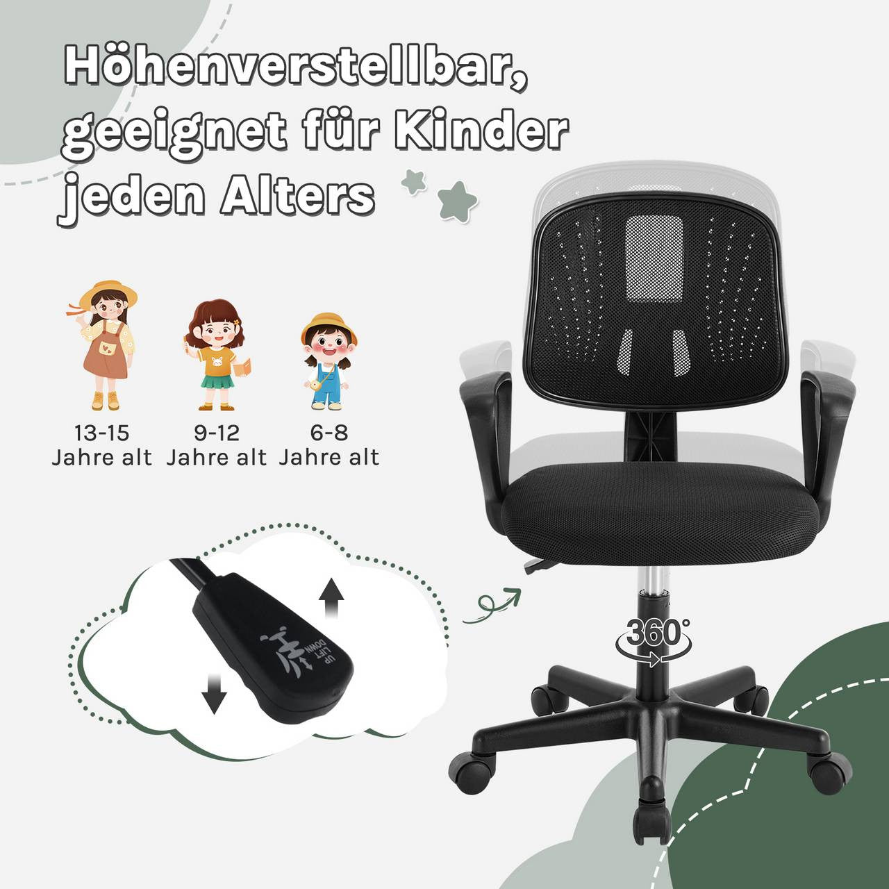 24goodz Ergonomic Kids Office Chair - Breathable Mesh Design - Adjustable Height - For Children and Teens - Black