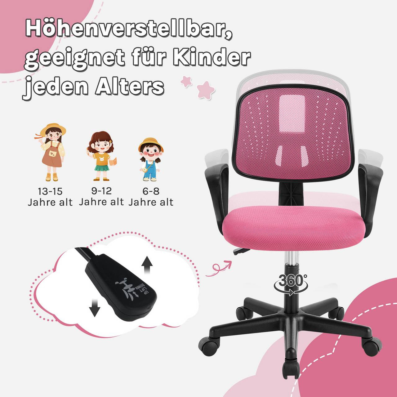 24goodz Ergonomic Kids Office Chair - Breathable Mesh Design - Adjustable Height 41-53 cm - For Children and Teens - Pink